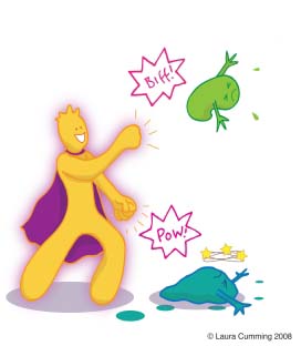 Someone dressed as a superhero happily fighting off two germs