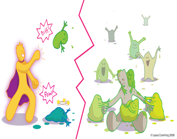 Someone dressed as a superhero happily fighting off two germs, in comparison to a person being overwhelmed by many germs